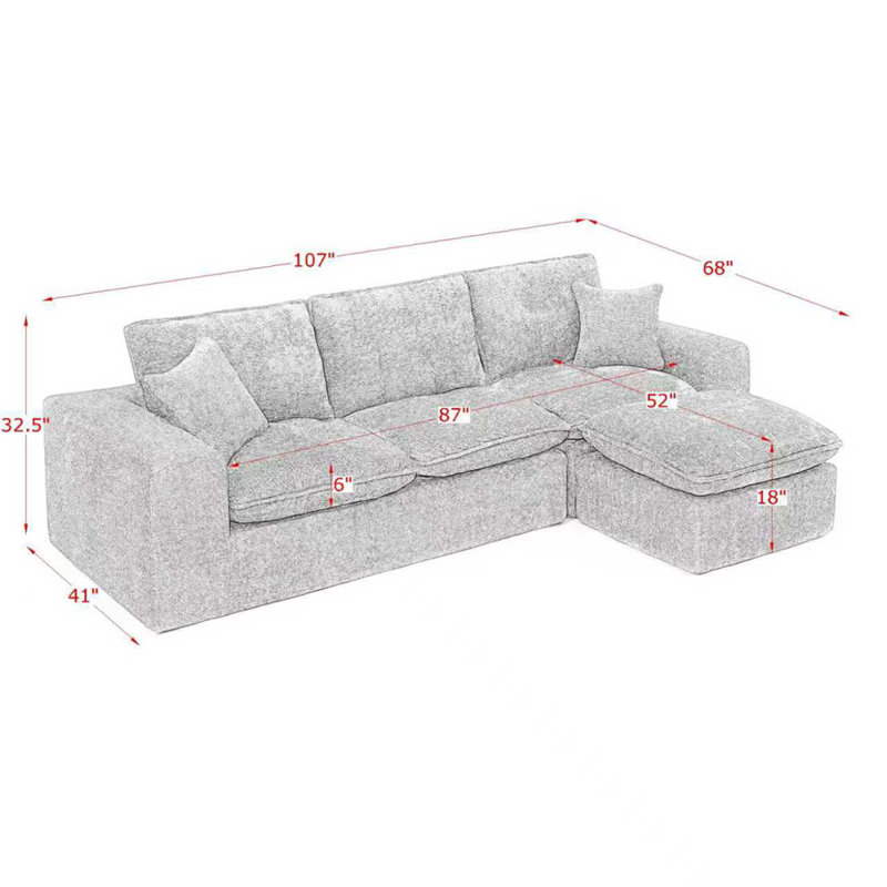 Canapé modulaire moderne 107 po avec méridienne réversible de 107 po Boucle, Beige