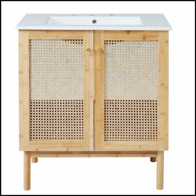 Meuble-lavabo de 30 po en bambou naturel avec portes en rotin faites à la main et mécanismes de fermeture en douceur pour un rangement élégant
