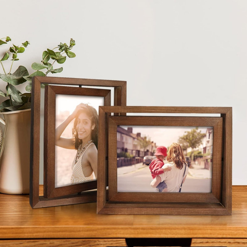 2 Pack Rotating Floating Picture Frames,Double-Sided Display with HD Glass Front, Brown