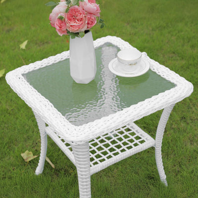 Outdoor Wicker Side Table, All-weather Rattan Patio Side Table Bistro Table With 2-tier, Tempered Glass Top Square End Table For Indoor, Balcony, Gard