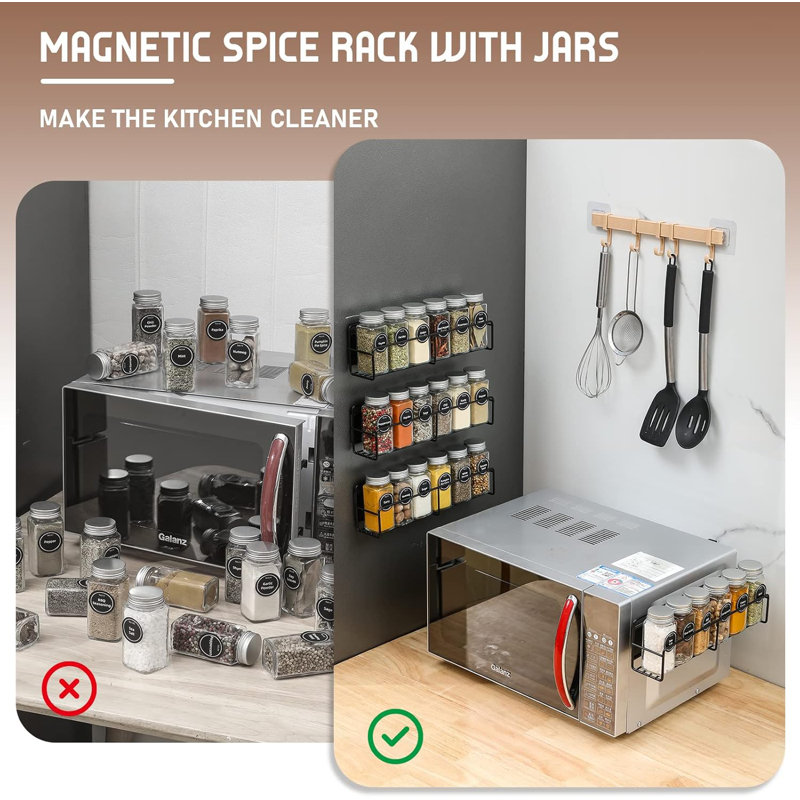 Magnetic Spice Rack, 4 Pack, 24 Square Glass Jars with Lids, Quick-Find Pre-Printed Labels