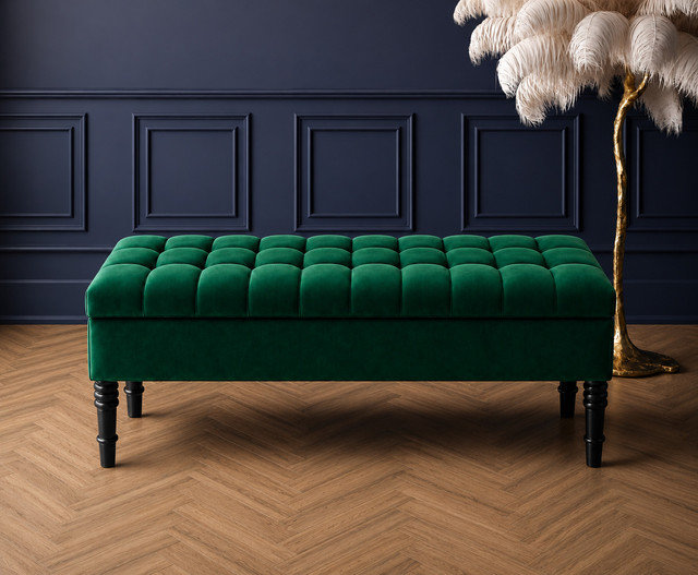 Cubed Tufted Rectangle Ottoman Storage Bench, Upholstered Plush Velvet Shoe Bench with Black Turned Wooden Legs