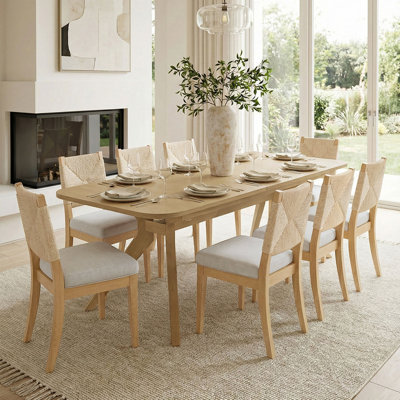 Ensemble de salle à manger extensible 9 pièces 71 "à 96" avec chaises en corde tissée