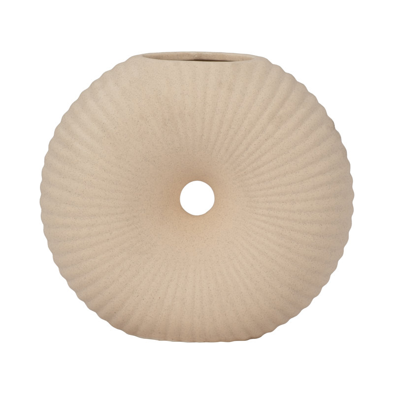 Boho Stoneware and Ceramic Decorative Vase with Sculptural Ribbed Design and Textured Wood Detailing, 9" H x 10" W x 4" D