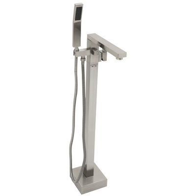 Robinet de baignoire à fixation au sol nickel brossé, noyau en cuivre de haute qualité, soupapes en céramique de précision, tête de robinet rotative à 360 °, nickel facile à installer avec douche à main, matériau en laiton massif, double lisse