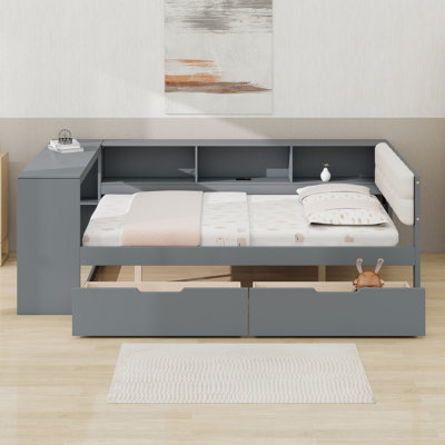 Lit plateforme avec tablettes de rangement et tiroirs