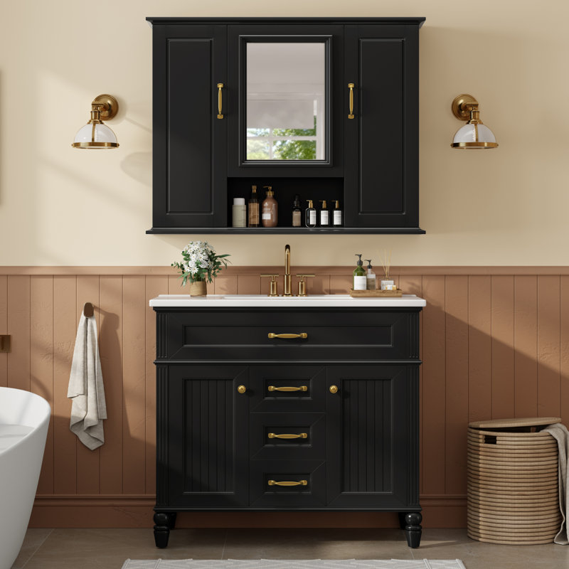 Armoire de meuble-lavabo sur pied 36 po avec lavabo et miroir, Noir