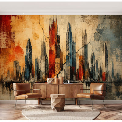 Wall Mural Peel and Stick Wallpaper Abstract Urban Skyline Cracked Concrete Metallic Geometric Towers Self-Adhesive Removable Contact Paper Wall Decor for Living Room Bedroom 69"H x 96"W