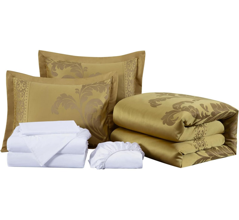 Valor 7-Piece Bed in a Bag Jacquard Floral Comforter Set with Sheets, King Comforter + 6 Additional Pieces, Gold/Gold