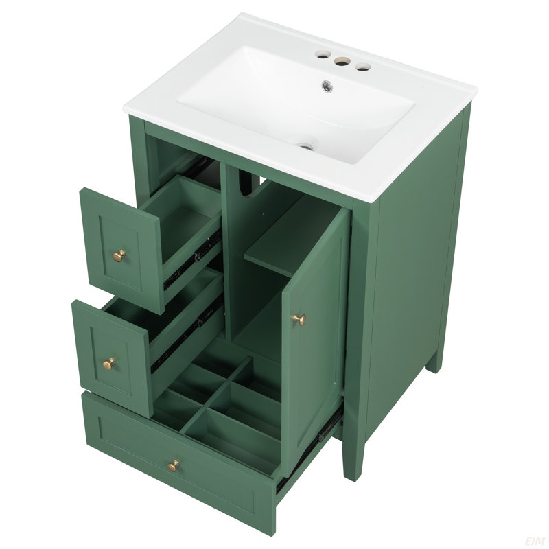 24-Inch Bathroom Vanity With Storage, Adjustable Shelf, MDF & Rubberwood, Removable Dividers, Dark Green