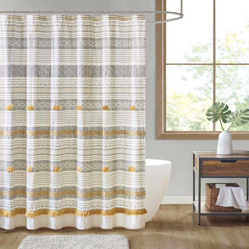 Cody Cotton Stripe Printed Single Shower Curtain with Tassel, Grey/Yellow
