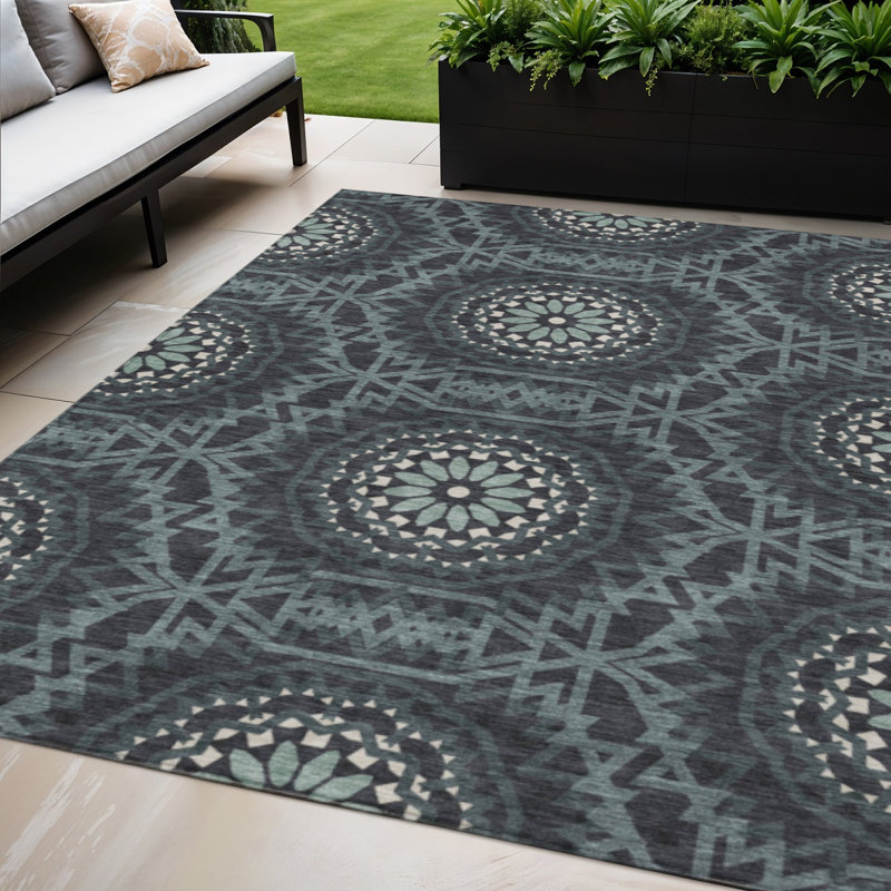 Tapis intérieur lavable à motif de médaillon floral gris anthracite et ivoire 5 pi x 8 pi