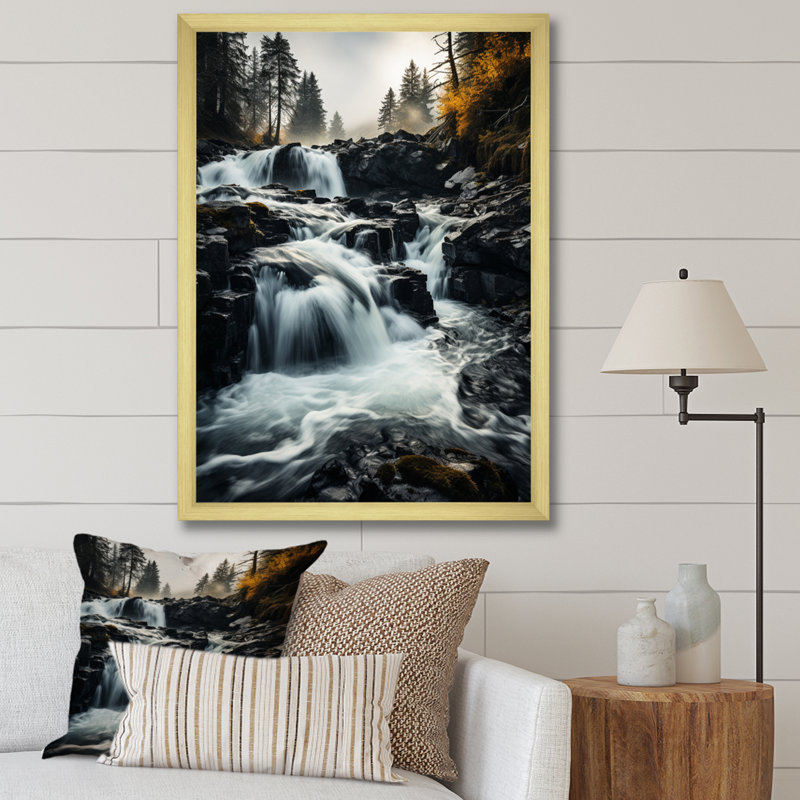 «Waterfall Dancing Cascades II», reproduction sur toile, H 32 po x l 16 po x P 1 po, Cadre doré à une seule photo