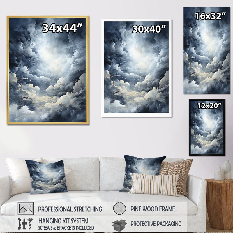 Nuage orage Fury - orages murales salon, Cadre flottant noir, H 20 po x l 12 po x P 1 po