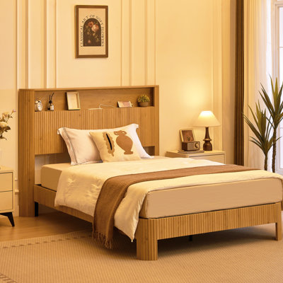 Full Xl Bed Frame With Storage Headboard And Charging Function, Curved Appearance, Quiet Metal Operation Extra Long Featuring Wavy Panel Design, Built