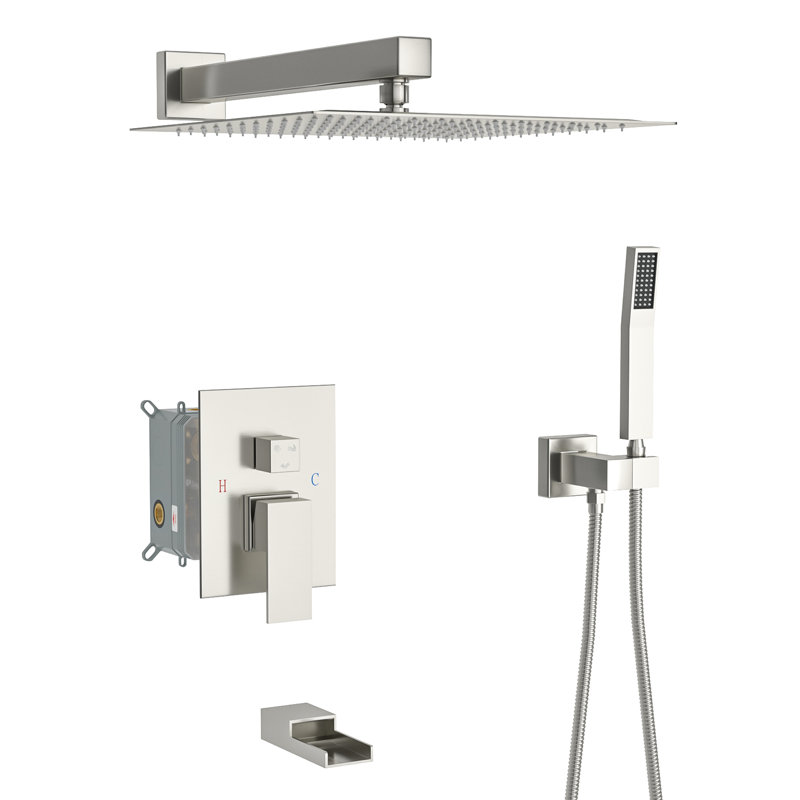 Système de douche en nickel brossé avec douchette carrée de pluie de 12 pouces et cascade - 3 fonctions, facile à nettoyer, tête, portatif, valve, installation