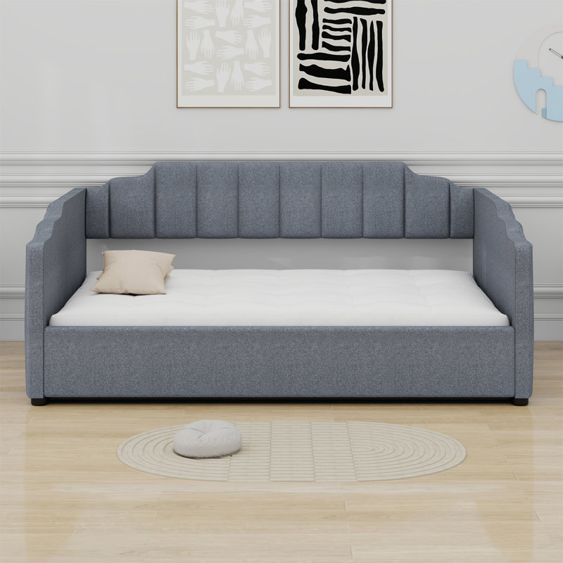 Lit de jour rembourré avec rangement inférieur, Gris, Lit double