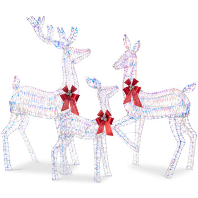  Ensemble de 3 cerfs en rotin, décoration de Noël illuminée avec 360 lumières, piquets - iridescent