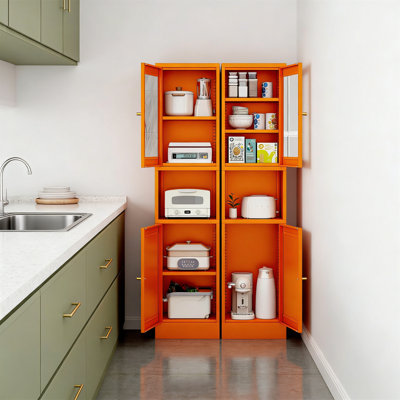 69" Tall Modern Metal Pantry Cabinet With Microwave Stand & Glass Door