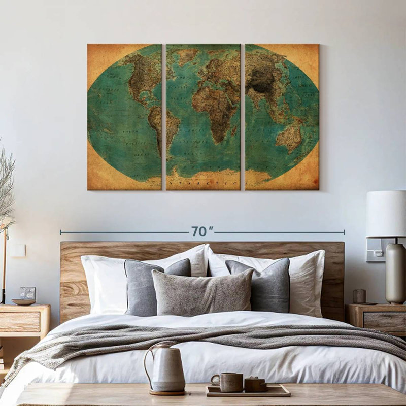Ensemble de 3 pièces de carte du monde rétro sur toile, H 36 po x l 57 po x P 1,25 po