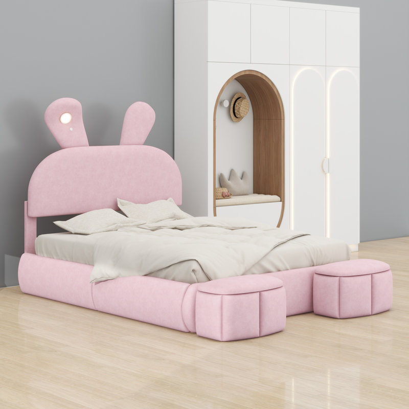 Lovely Cartoon Ears Design Upholstered Platform Bed with Light