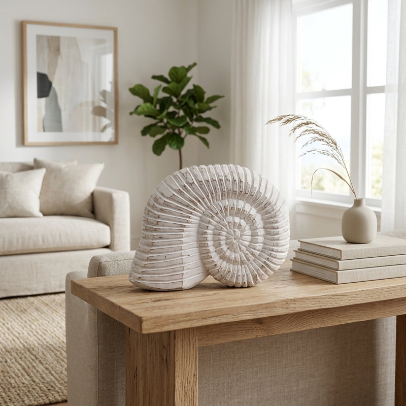 Geometric Wooden Snail Figurine Object for Table Decor - Sculptural Statue Accent for Living Room or Home Decoration - White