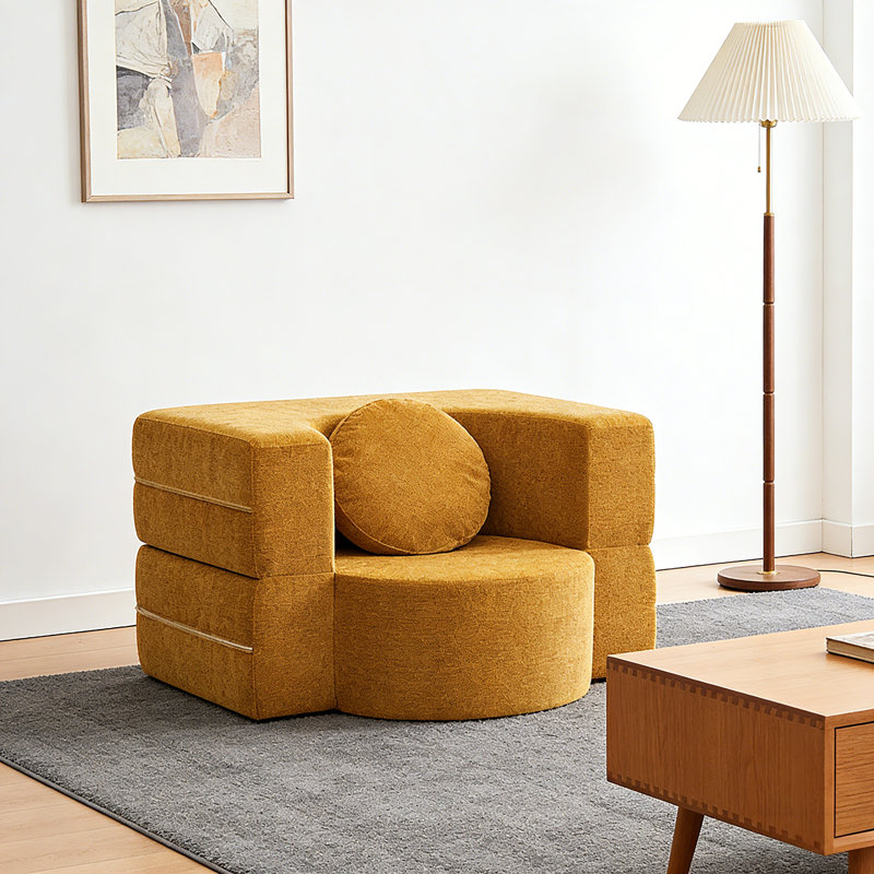 Canapé modulaire jaune moutarde | Design géométrique arrondi + housse en tissu amovible | Méridienne multifonctionnelle pour salon, chambre à coucher, balcon
