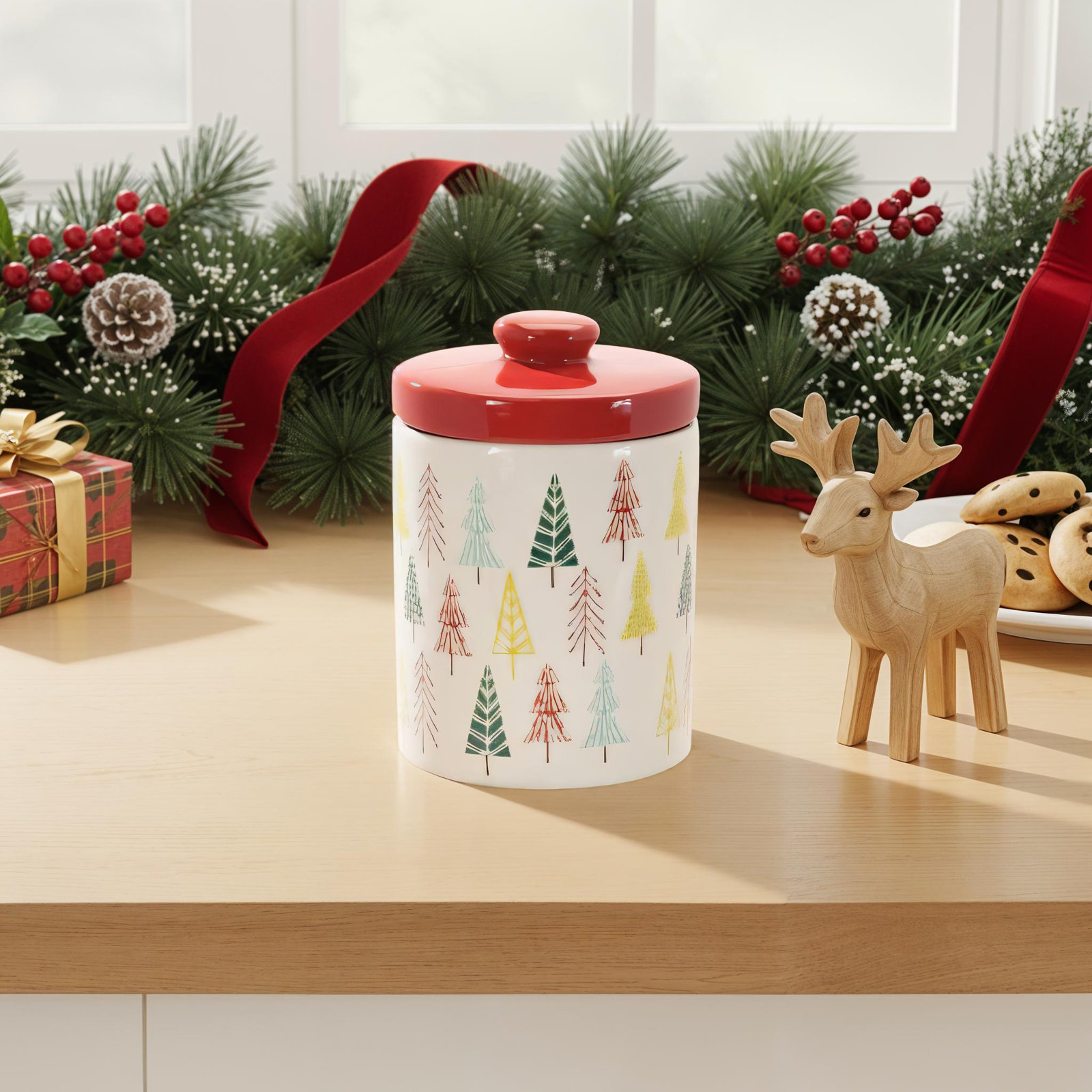 Ceramic Pine Tree Print Cookie Jar 10"H
