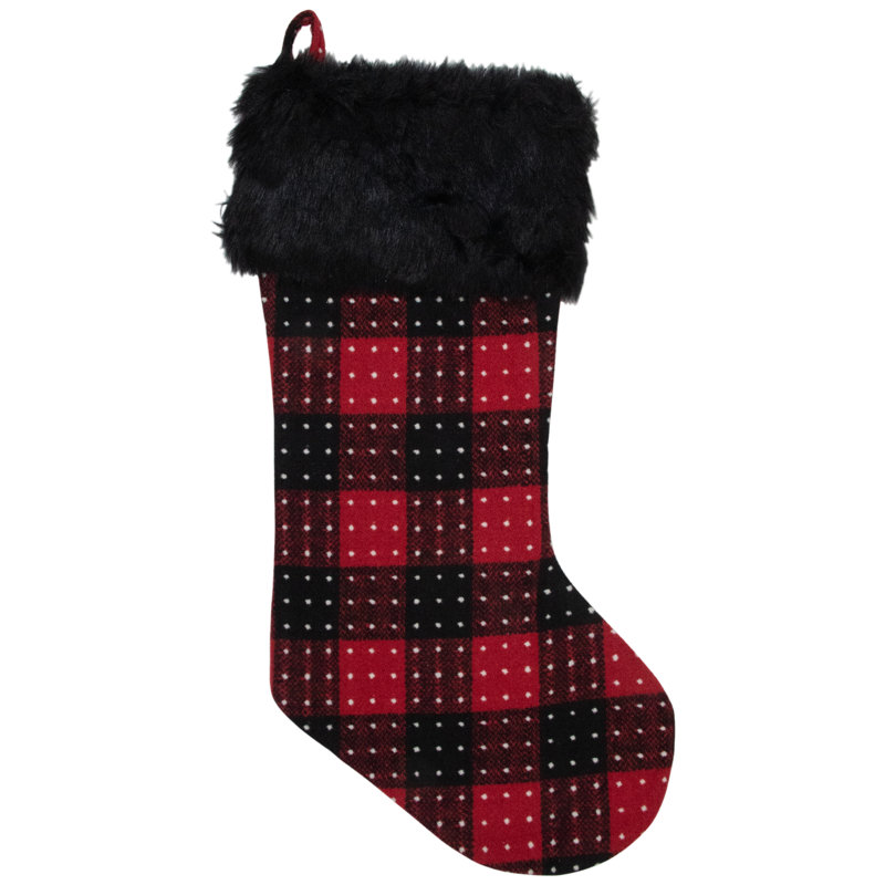 Chaussette de Noël 21,5 po à motif écossais rouge et noir avec pois et revers en fausse fourrure