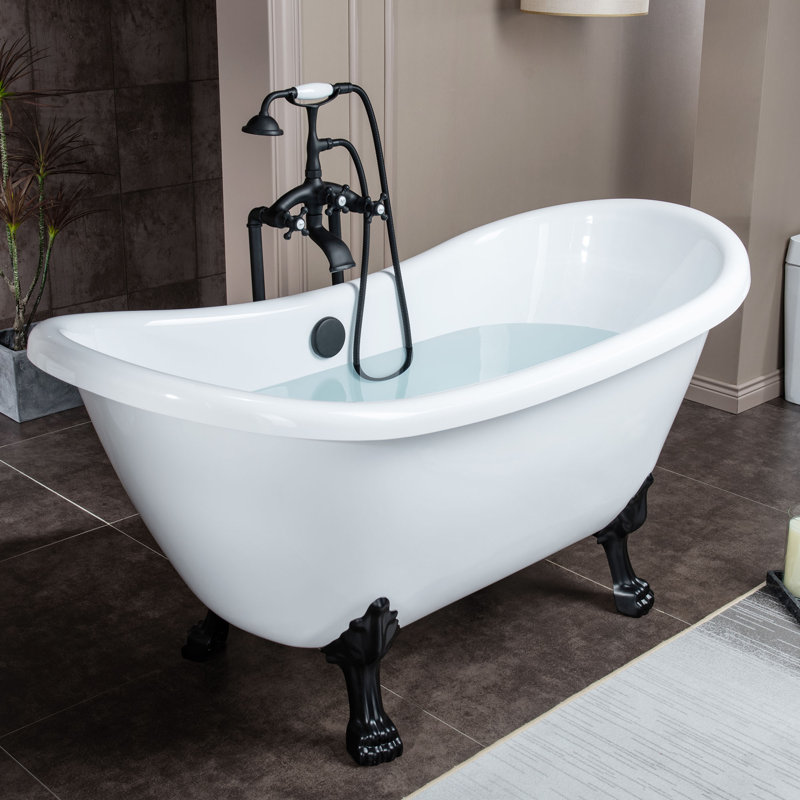 59" x 28" Clawfoot Soaking Acrylic Bathtub, White, Matte Black