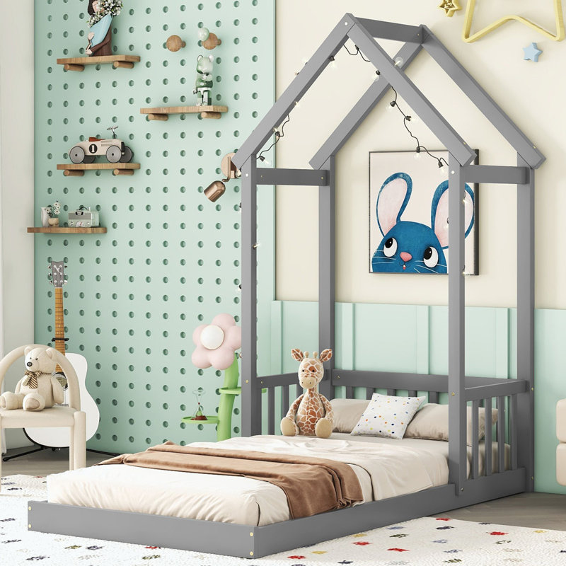 Coffy Platform Bed Frame with Headboard, Gray, Twin