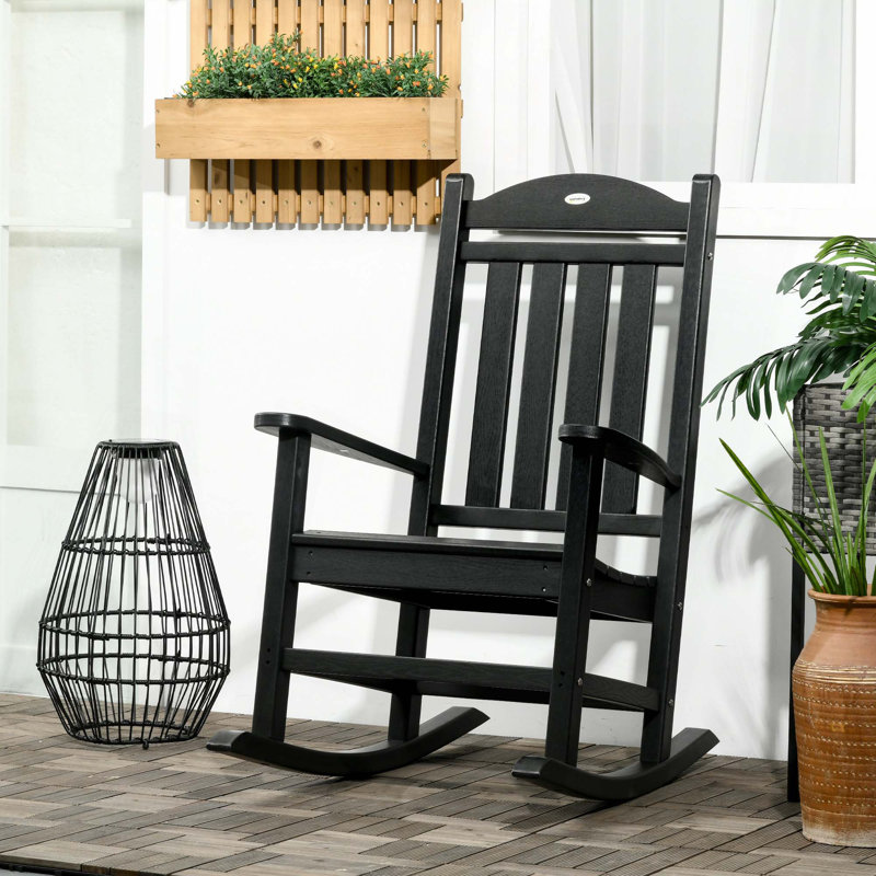 Chaise berçante d'extérieur, chaises berçantes en PEHD résistantes aux intempéries avec dossier haut rustique, accoudoirs, siège surdimensionné et dossier à lattes