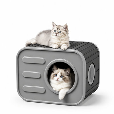 Maison pour chat d'extérieur et d'intérieur, abri pour chat en résine résistant aux intempéries avec toit incurvé, grande porte, ventilation et conception empilable