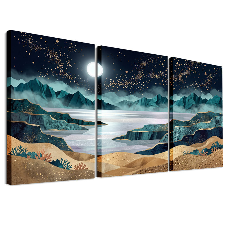 Ensemble de 3 toiles bleu sarcelle et lac au clair de lune avec décorations dorées, H 18 po x l 12 po x 3 pièces
