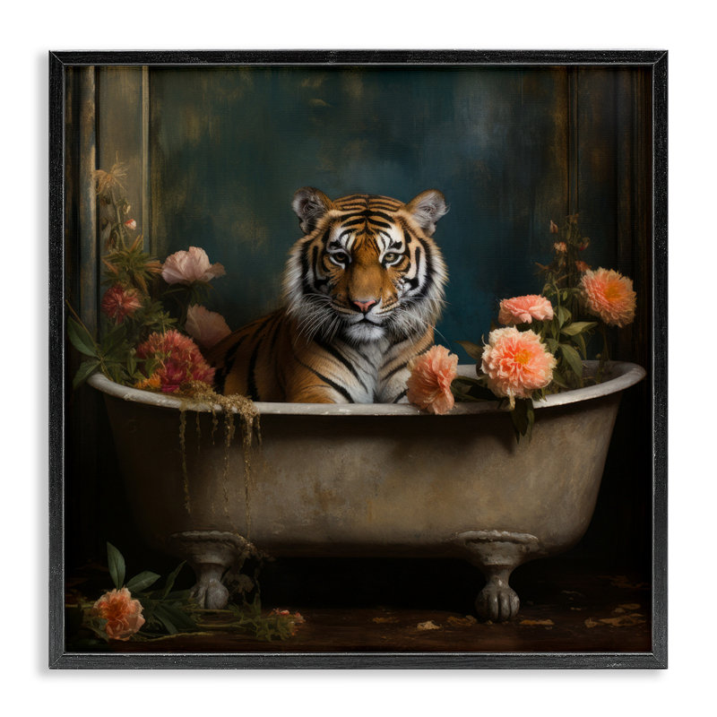 «Tiger in Floral Bathaign», reproduction de photo sur toile, H 24 po x l 24 po, Giclée encadrée noir minuit