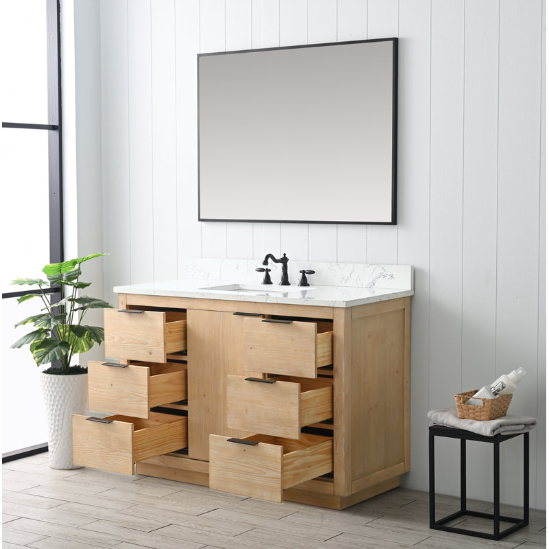 Meuble-lavabo simple autoportant 48 po avec plateau en pierre d'ingénierie Charlyann, Teck blanc rustique
