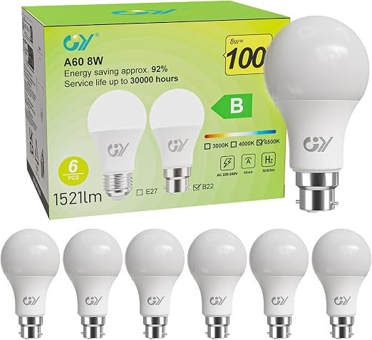 GY B22 Bayonet LED Light Bulb Cool White 6500K, A60 8W 1521LM High Energy-Efficient Class B, Replaces 100W, Non-Dimmable, 6 PCS