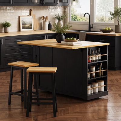 Îlot de cuisine de 135 cm (53 po) avec 2 tabourets de bar, prise de courant, étagère de rangement intérieure, abattant et 3 tiroirs