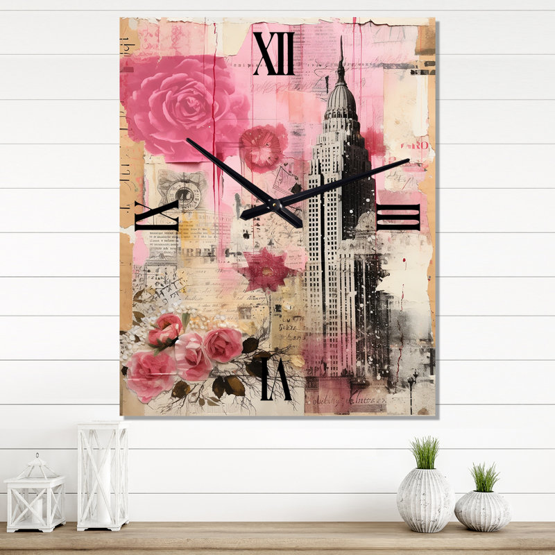 Horloge murale rétro rose New York Empire State Building III - City New York, Grand