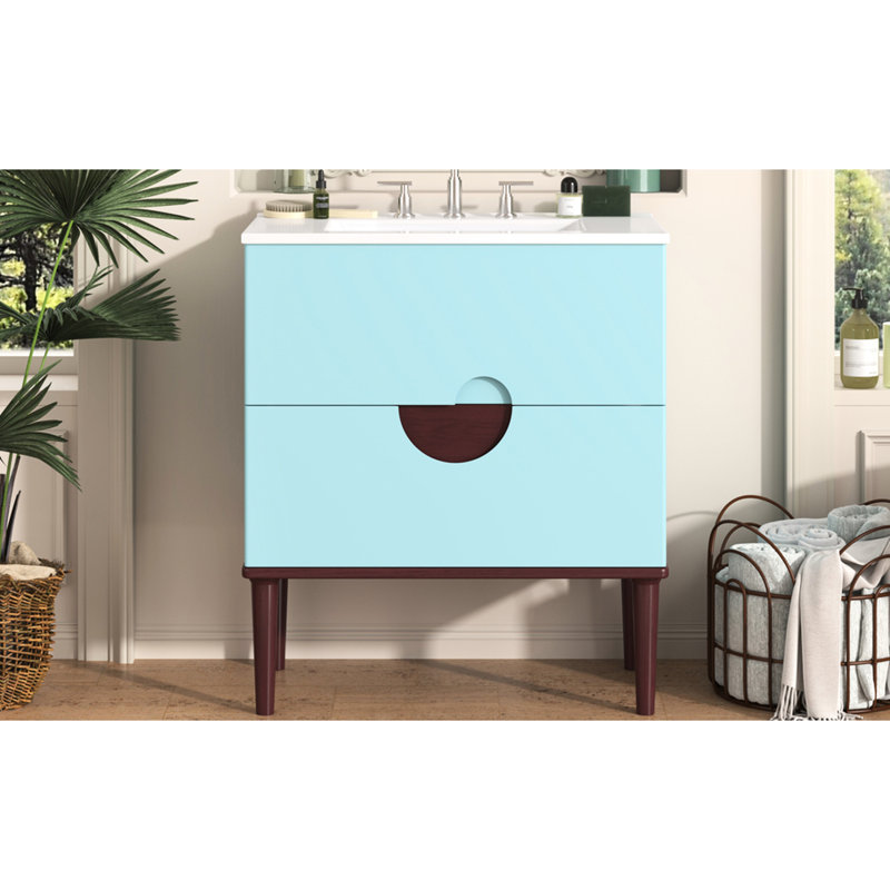 Meuble-lavabo 30 po avec lavabo en céramique et meuble de rangement moderne en bois massif bleu