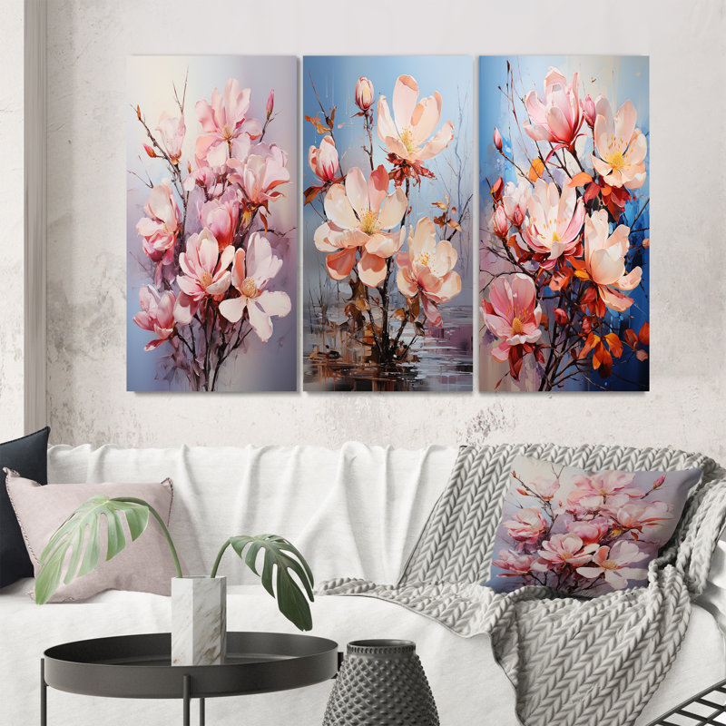 «Pink White Magnolias Romantic Impression», 3 pièces, H 32 po x l 48 po, Toile tendue