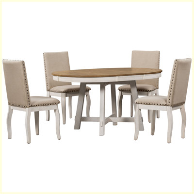 5-Piece Farmhouse Dining Table Set Wood Round Extendable Dining Table and 4 Upholstered Dining Chairs