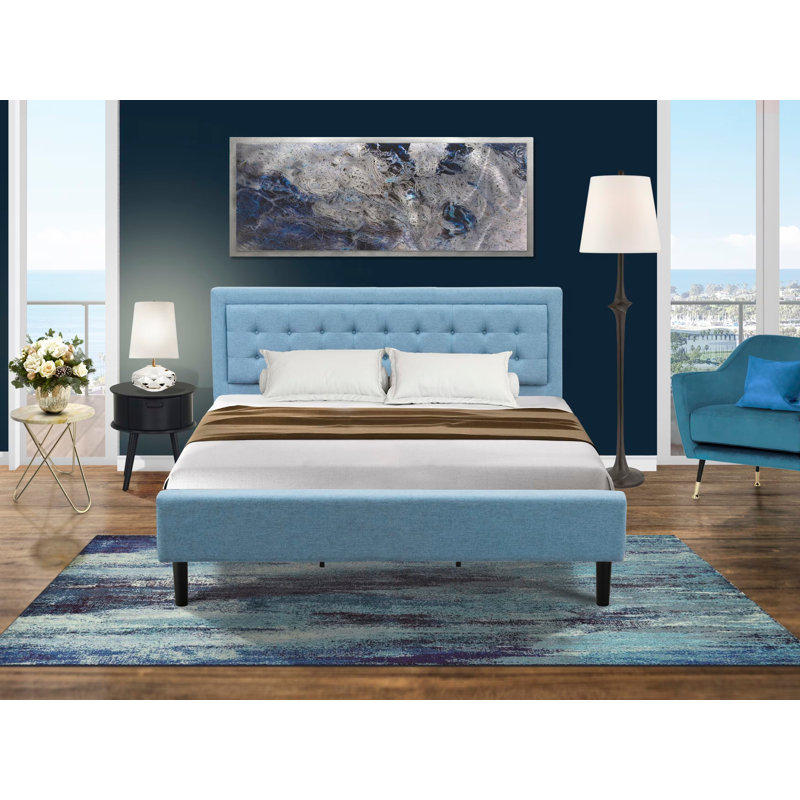 Ensemble de lit plateforme 2 pièces pour lit king size comprenant un lit de style milieu du siècle et une table de chevet bleu marine - Construction fiable et durable - Lit en lin bleu denim