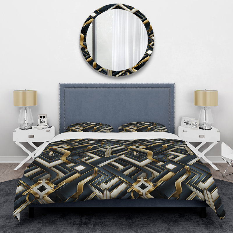 Ensemble de housse de couette noir et or Retro Mosaic Perspectives I, Housse de couette pour très grand lit et 2 très