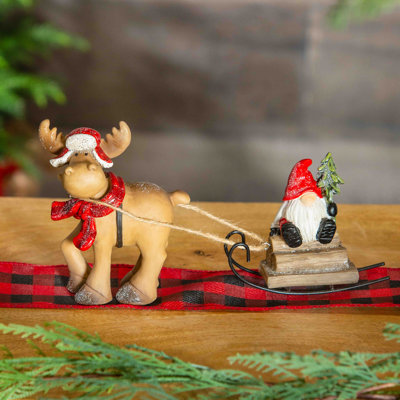 Décoration de table résine cerf et gnome sur traîneau