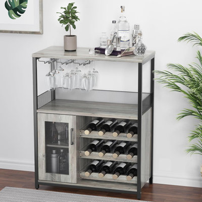 Armoire de bar à vin avec rangement amovible et porte-bouteilles, buffet de ferme et buffet avec porte en verre et porte en filet, armoire à boissons alcoolisées, gris