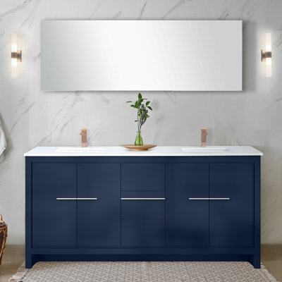 Navy Blue Double Bath Vanity 72 In. W X 20 In. D, White Quartz Top And Rose Gold Faucet Set
