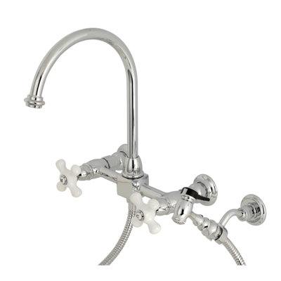 Kingston Brass Restoration Double-Handle 3-Hole Wall-Mount Bridge Kitchen Faucet with Brass Sprayer
