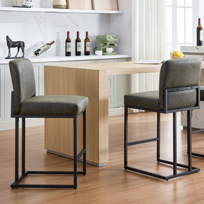 Ensemble de 2 tabourets de bar, tabourets de bar à hauteur de comptoir de 24 po avec dossier, chaises de bar modernes en similicuir rembourrées pour îlot de cuisine et bar à domicile, structure en acier et support, 330 lb, | Gris