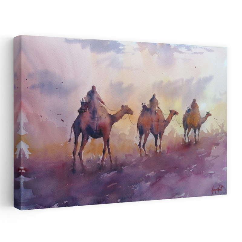 Camel caravane, coucher de soleil paisible, paysage abstrait abstrait, art mural, 16" H x 24" W